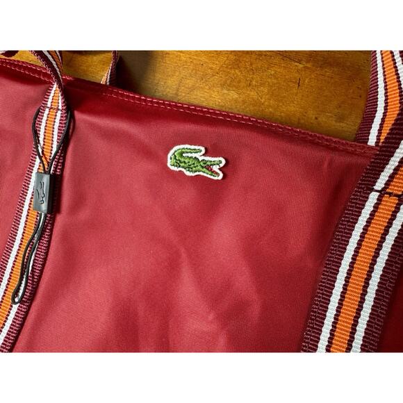 Lacoste Nylon Tote Bag Red Striped Webbed Straps Logo Shoulder Travel 16 X 11.5 - Picture 2 of 16
